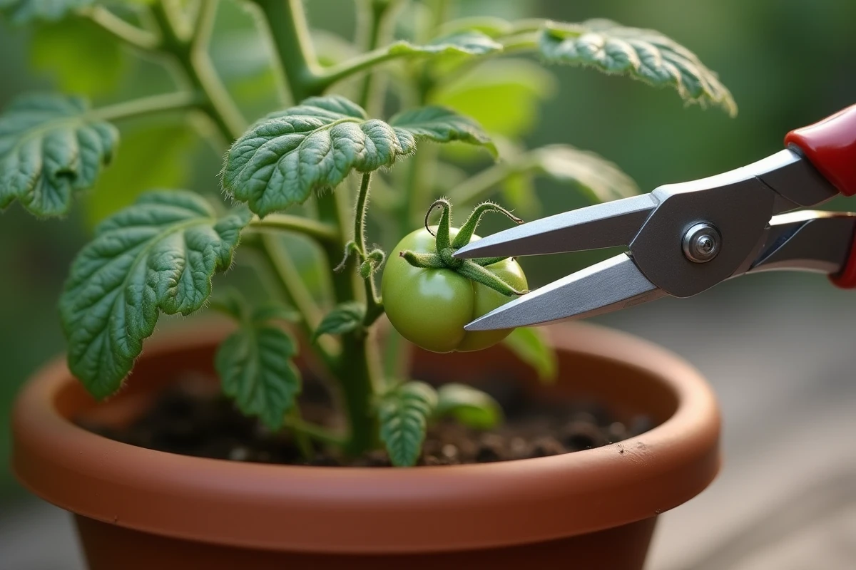 Gros plan sur un gourmand de tomate à supprimer avec un sécateur de précision