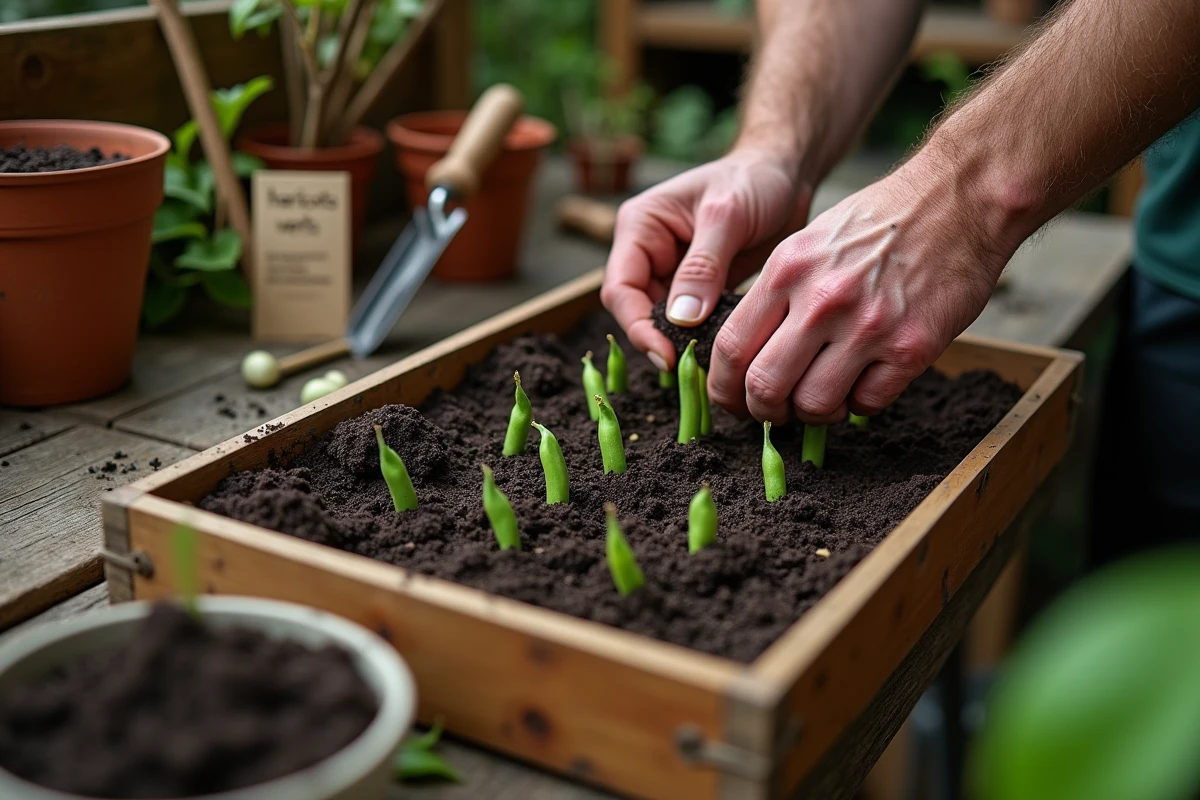 Graines de haricots verts posées dans un bac de semis en intérieur avant plantation