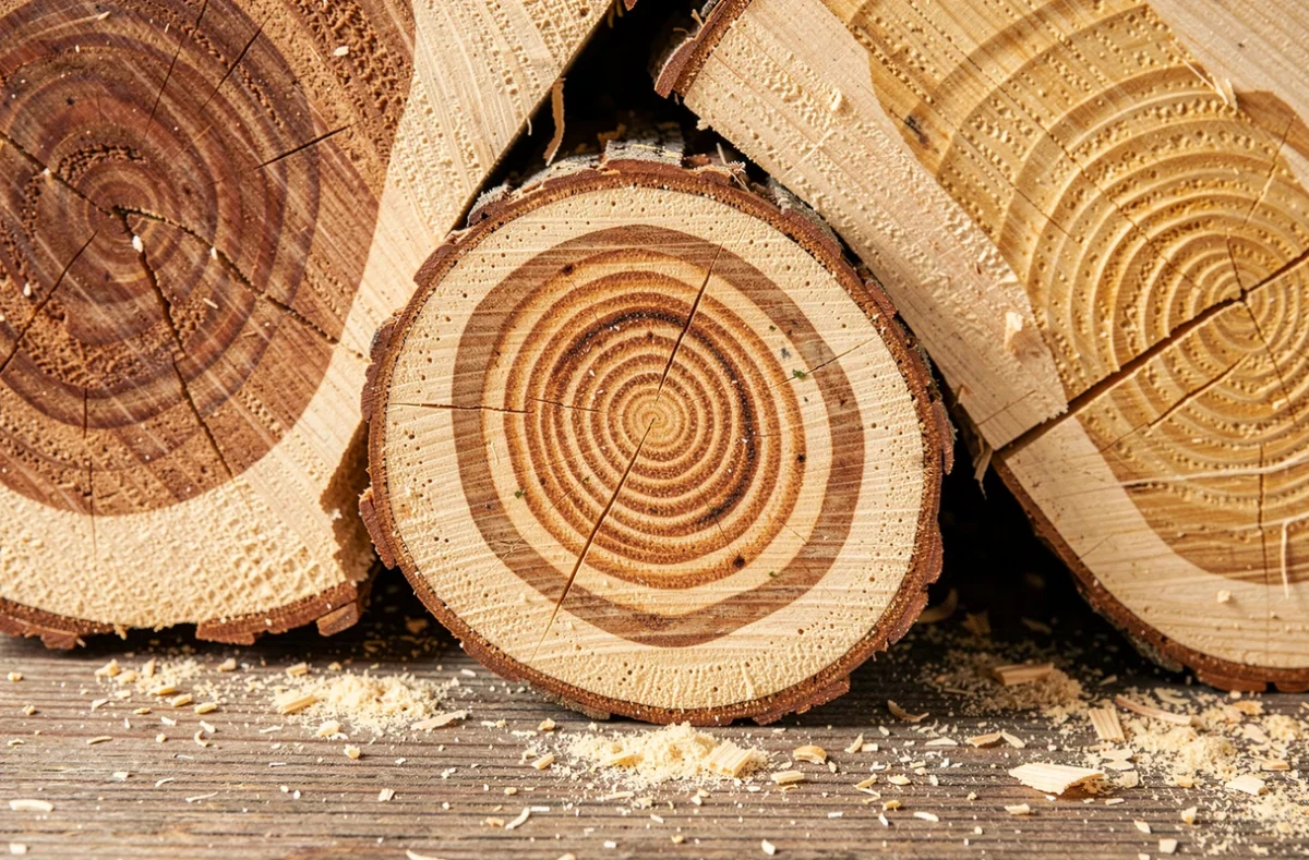 Gros plan sur les sections transversales de bûches de différentes essences de bois montrant les cernes et la texture des fibres