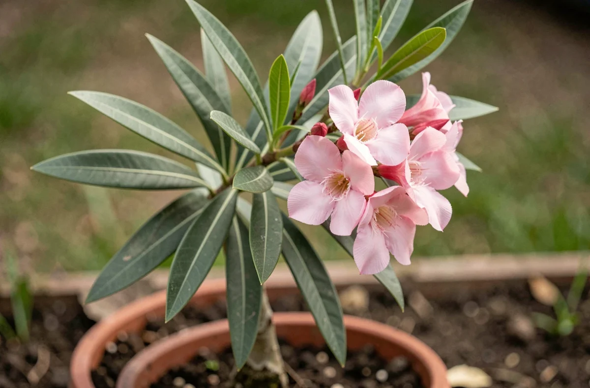 Gros plan sur les fleurs et feuilles de laurier rose illustrant la culture en pot et en pleine terre