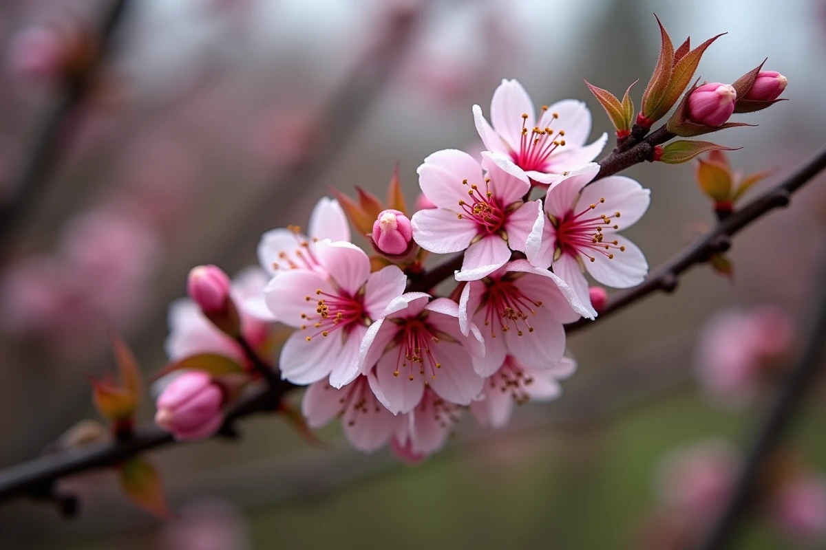 Gros plan sur les fleurs roses d'un arbuste de haie libre au printemps, pétales détaillés avec rosée matinale et feuillage naissant