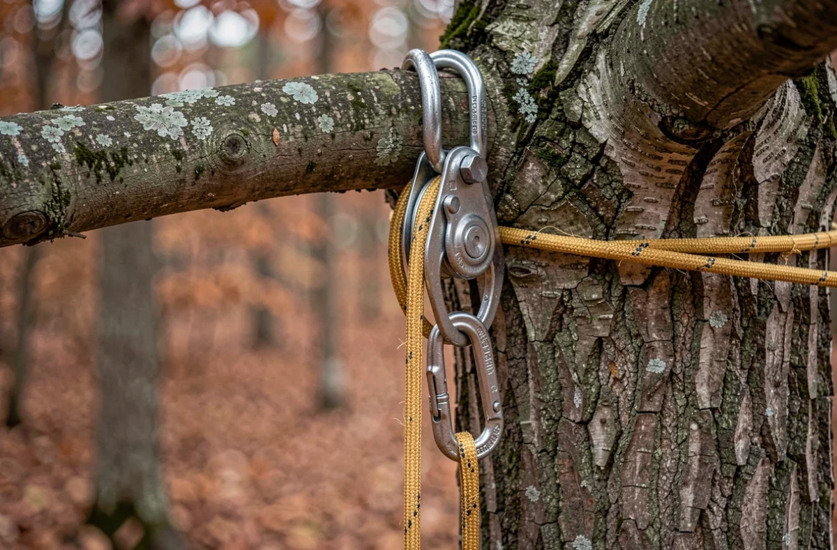 Gros plan sur un système de mouflage professionnel avec poulies doubles et cordes de rigging sur un hêtre en forêt