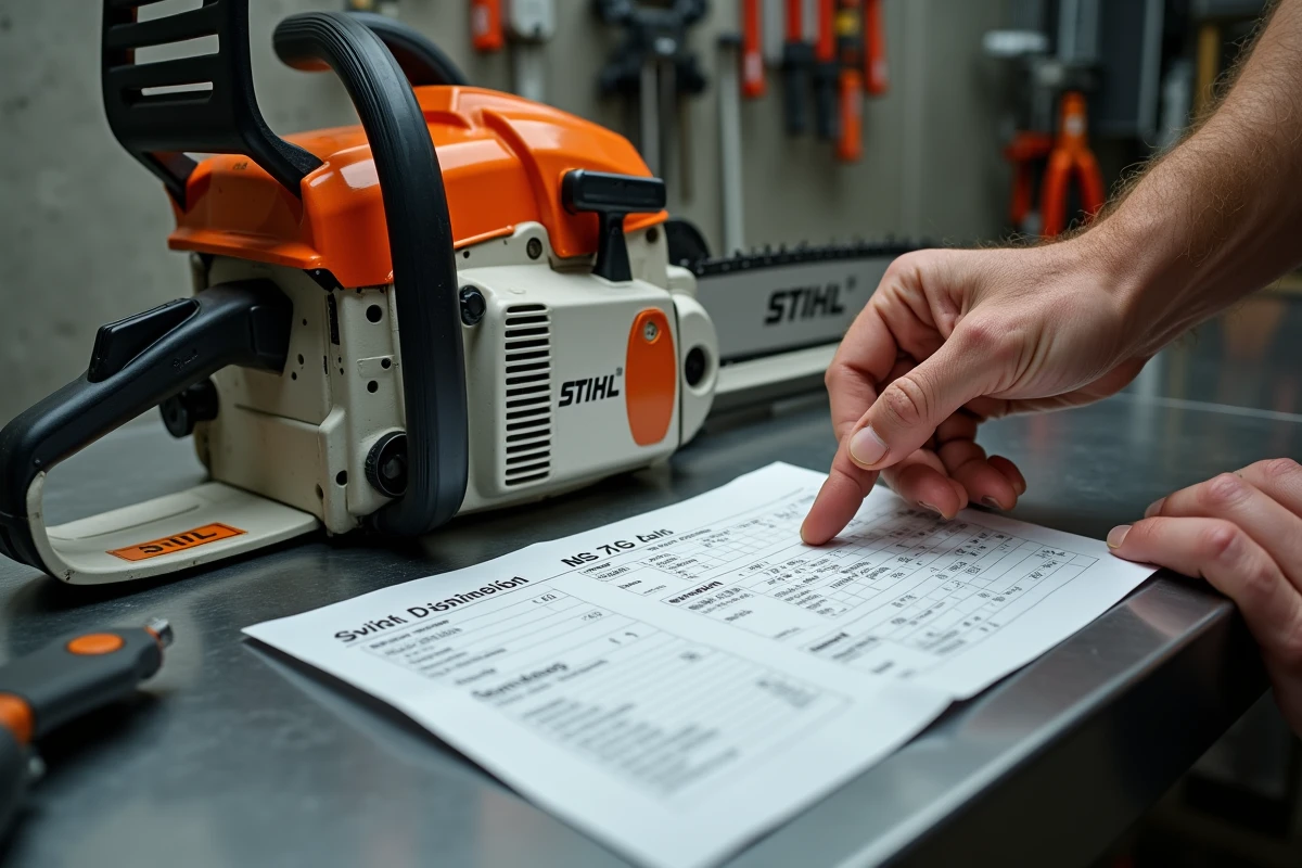 Gros plan sur la plaque signalétique de la STIHL MS 211 comparée à une fiche technique imprimée en atelier