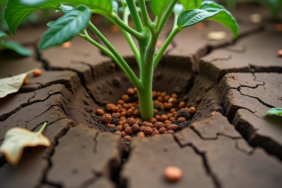 Gros plan sur un sol argileux fissuré avec engrais granulaire au pied d'un plant de tomate