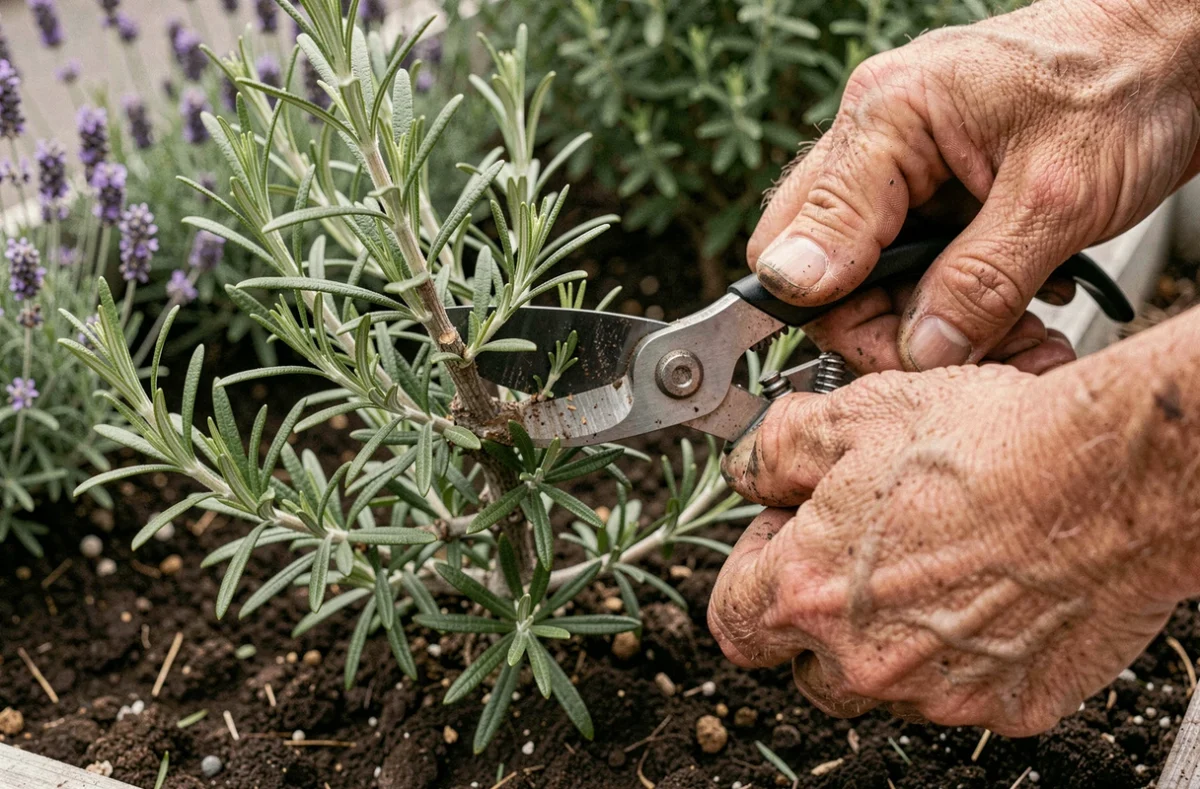 Gros plan de mains qui taillent une tige de romarin au-dessus d'un nœud foliaire dans un jardin potager