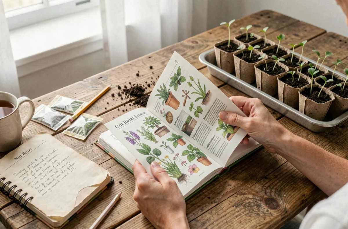 Mains de femme feuilletant un guide de jardinage illustré entouré de graines, semis et notes manuscrites sur une table en bois