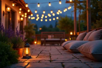 Guirlande lumineuse solaire extérieure suspendue entre des poteaux en bois dans un jardin décoré au crépuscule