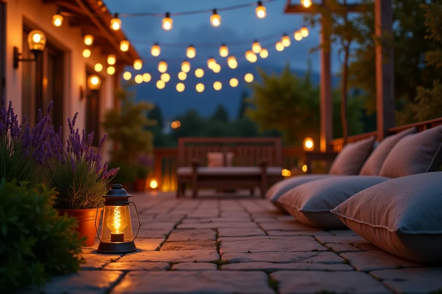 Guirlande lumineuse solaire extérieure suspendue entre des poteaux en bois dans un jardin décoré au crépuscule