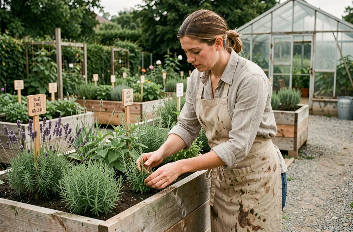 Horticultrice de HERB' A-C récoltant des herbes aromatiques dans un jardin potager structuré du Grand Est