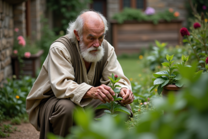 Homme âgé inspectant une plante dans un jardin médiéval