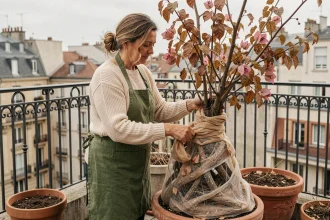 Femme enveloppant un bougainvillier dans du voile d'hivernage sur un balcon en béton à l'automne