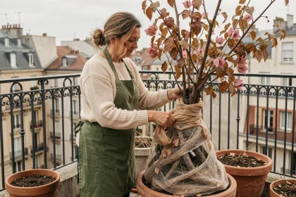 Femme enveloppant un bougainvillier dans du voile d'hivernage sur un balcon en béton à l'automne