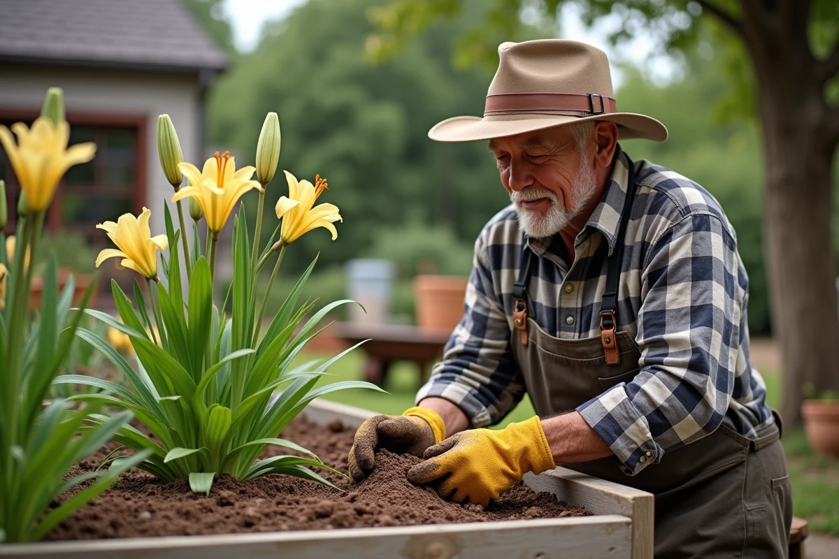 Homme âgé mélangeant du sable dans la terre du jardin