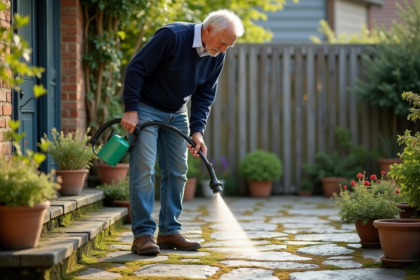 Homme âgé pulvérisant solution anti-mousse sur terrasse en pierre