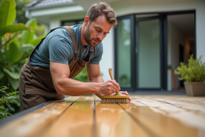 Homme en overalls appliquant huile sur terrasse en bois