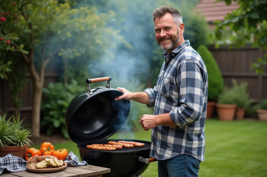 Homme d'âge moyen allume un barbecue sur patio en bois
