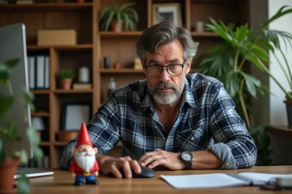 Homme d'âge moyen dans un bureau à domicile avec gnome Google