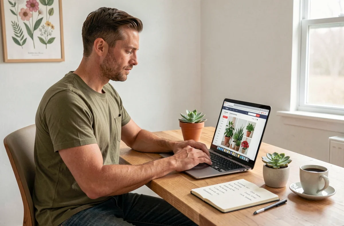 Homme consultant un site de livraison de fleurs en ligne depuis son bureau à domicile avec un carnet de notes