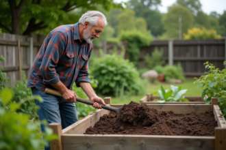 Homme d'âge moyen tournant compost dans le jardin