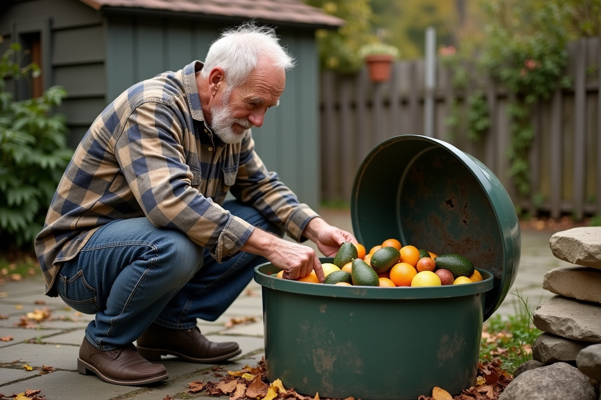 Homme âgé inspectant un composteur avec des déchets de fruits
