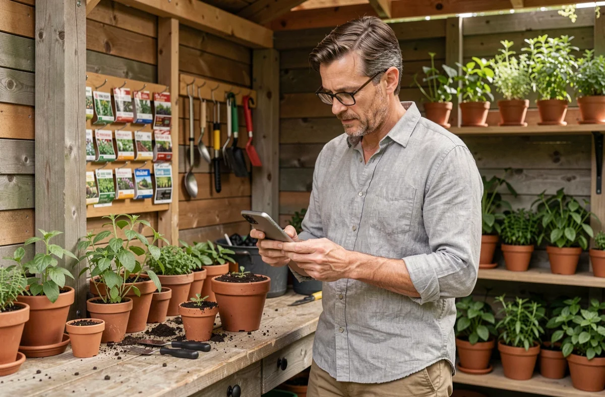 Homme adulte débutant consultant une application de jardinage sur smartphone devant un établi de rempotage avec outils et herbes aromatiques