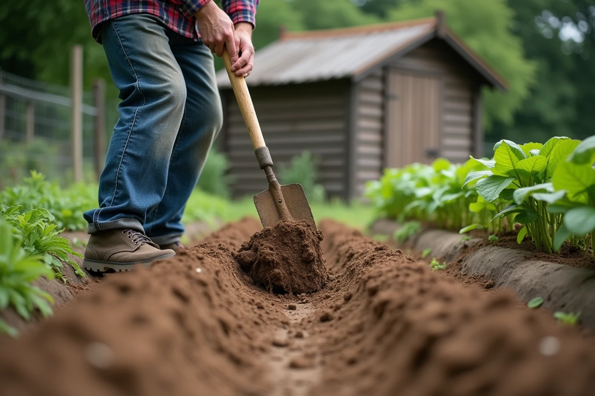 Homme en train de déterrer des rangées de pommes de terre avec une fourche de jardinage dans un potager familial en plein air