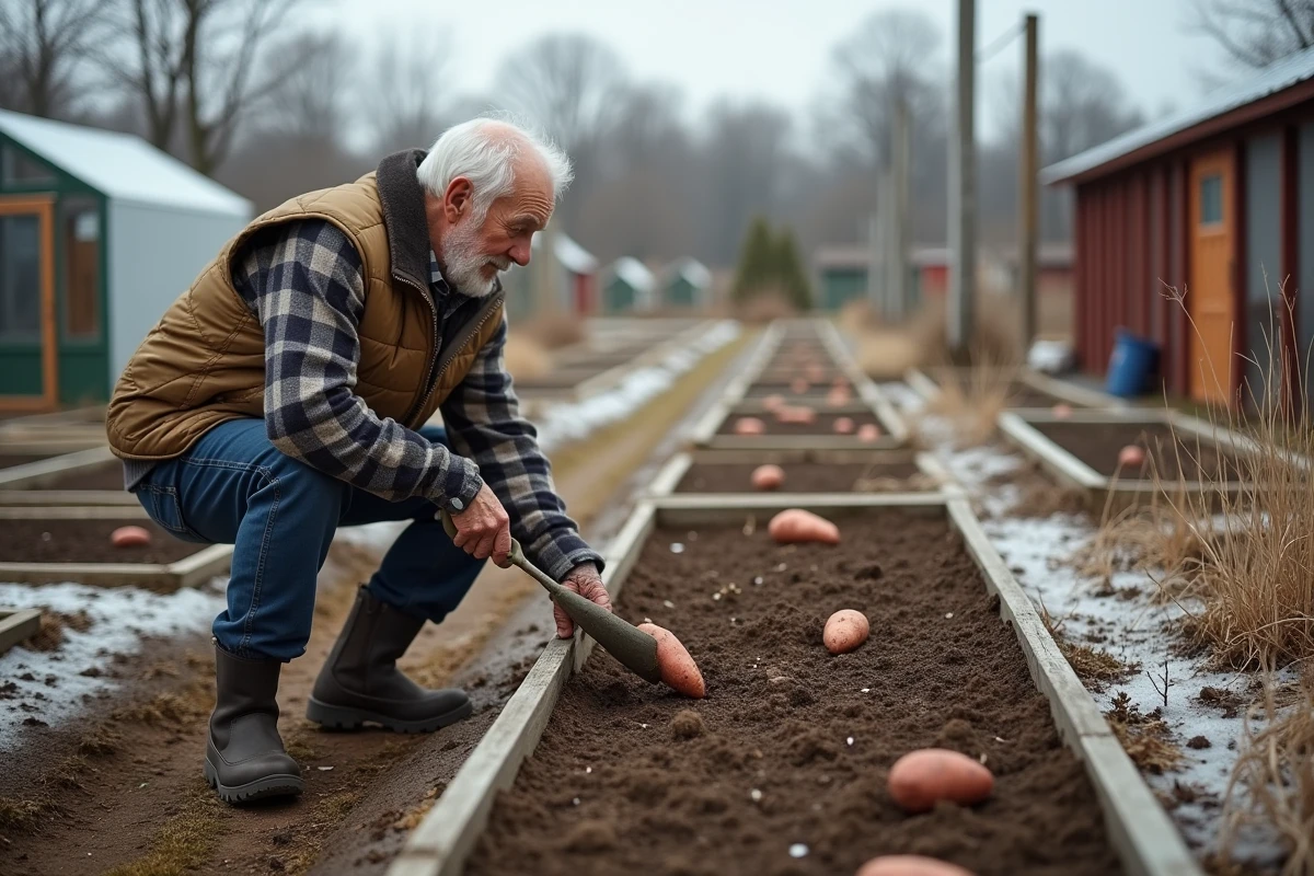 Homme âgé creusant des sillons pour patates douces dans le jardin