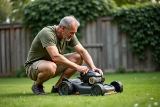Homme examinant le dessous d'une tondeuse sur batterie dans un jardin suburban, évaluant les critères techniques cachés du produit