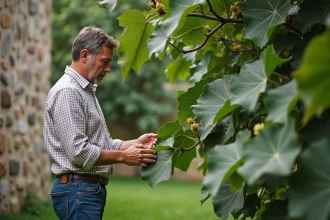 Homme examinant des feuilles de figuier malade dans un jardin