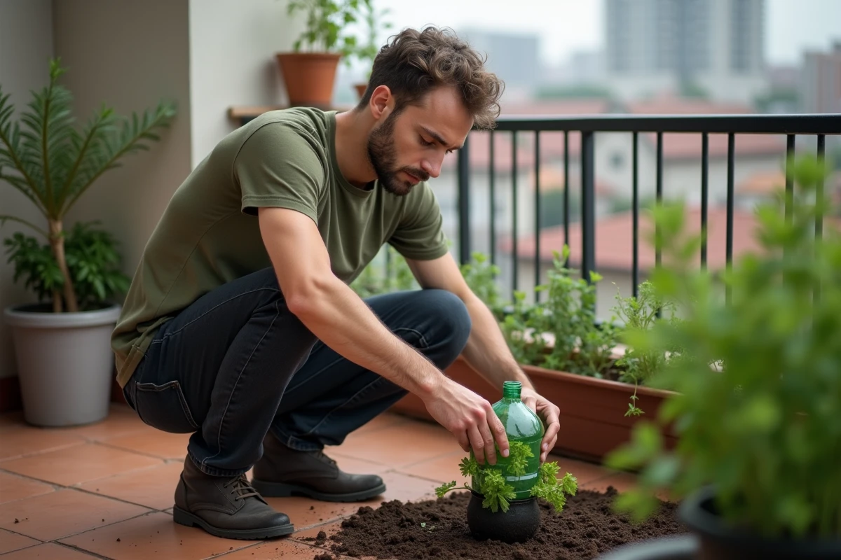 Homme préparant un contenant recyclé en plastique comme godet à semis de persil sur un balcon urbain