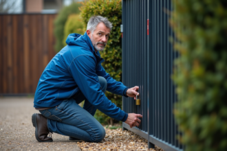Homme en bleu installant un cadenas sur une porte de jardin