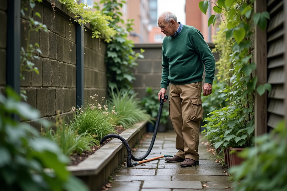 Homme age connectant un tuyau d