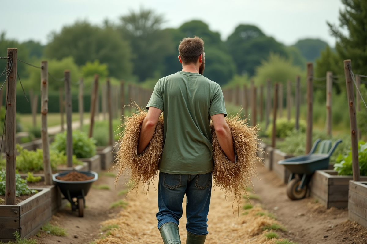 Homme avec foin dans le jardin en marche