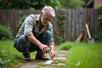 Homme en jardinage versant du sel sur la mousse