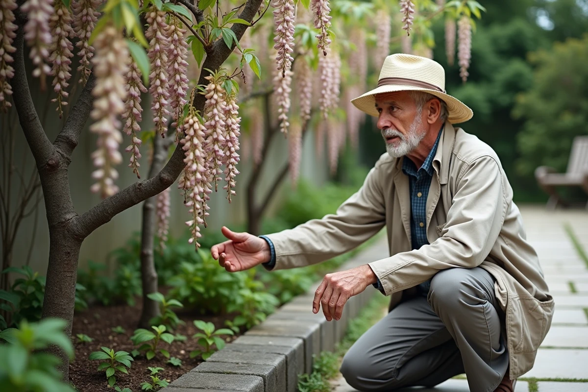 Homme âgé observant la glycine fanée dans le jardin