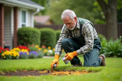 Homme en vêtements de jardinage examinant une pelouse jaunie