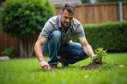 Homme en jeans et t-shirt arrachent des mauvaises herbes dans la pelouse