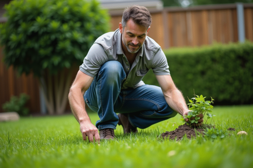 Homme en jeans et t-shirt arrachent des mauvaises herbes dans la pelouse
