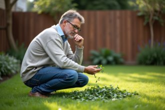 Homme d'âge moyen en jeans dans un jardin verdoyant
