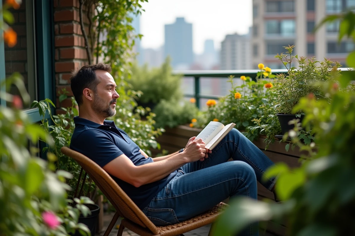Homme lisant dans un balcon jardin verdoyant