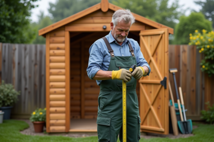 Homme mesurant un abri de jardin en bois avec un mètre