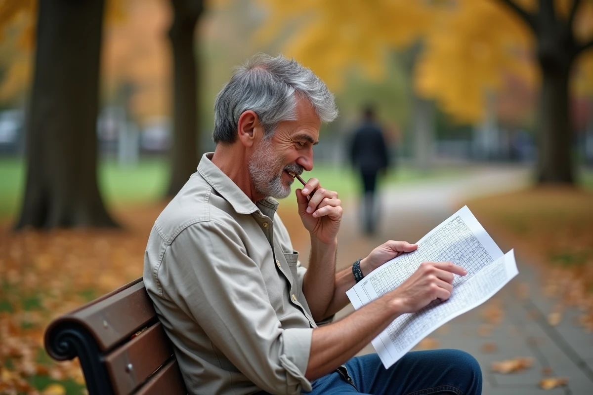 Homme réfléchissant à une grille de mots fléchés sur un banc de parc en automne tenant un crayon