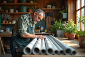 Homme en salopette inspectant des tubes PVC dans son atelier
