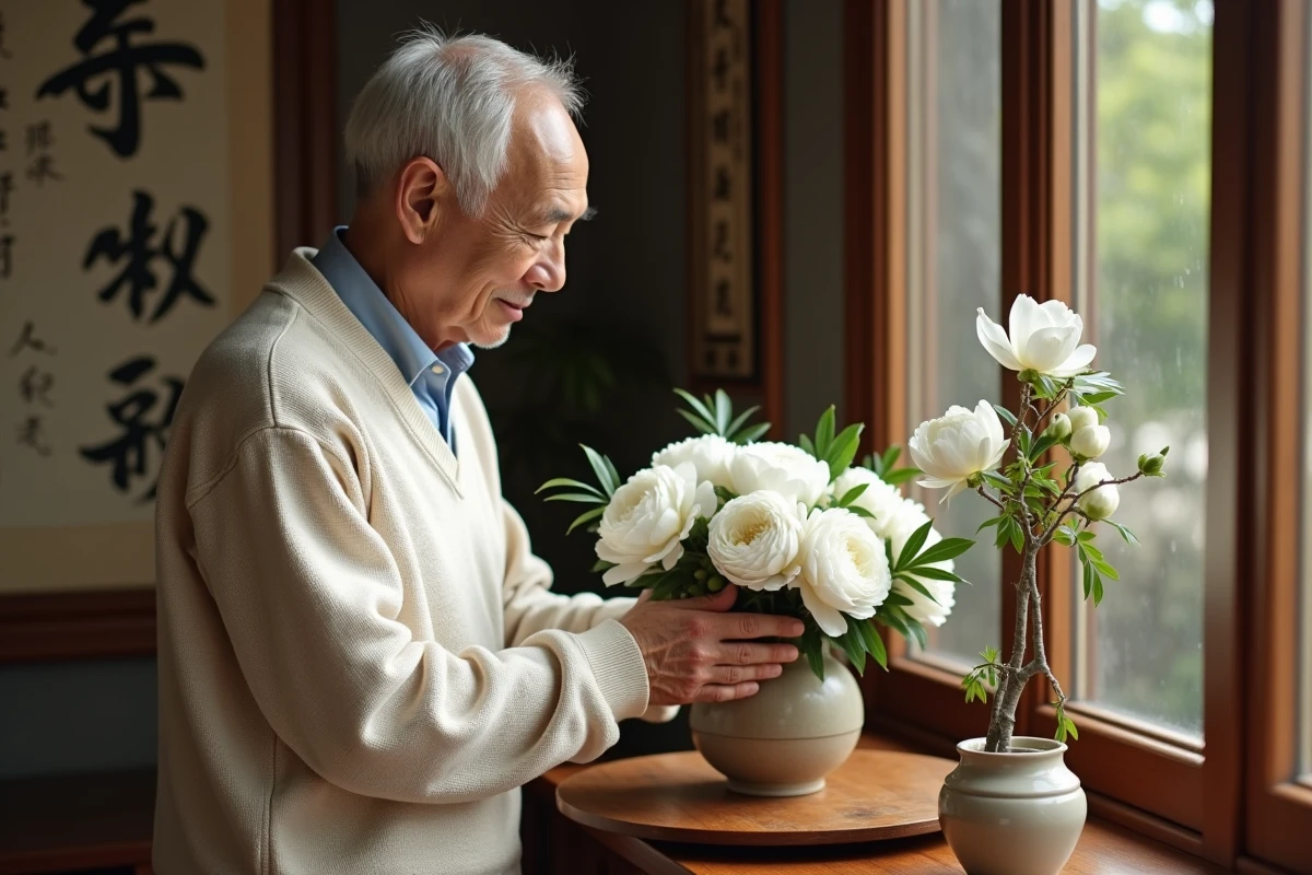 Homme âgé déposant un bouquet de pivoines blanches dans un espace zen