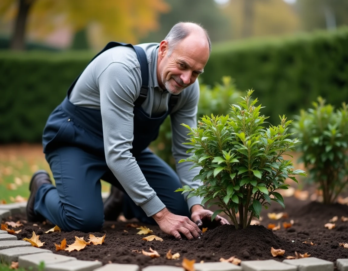 Homme plantant un jeune arbuste ornemental commandé sur internet dans un jardin français en automne, illustration de l'expérience client Promesse de Fleurs