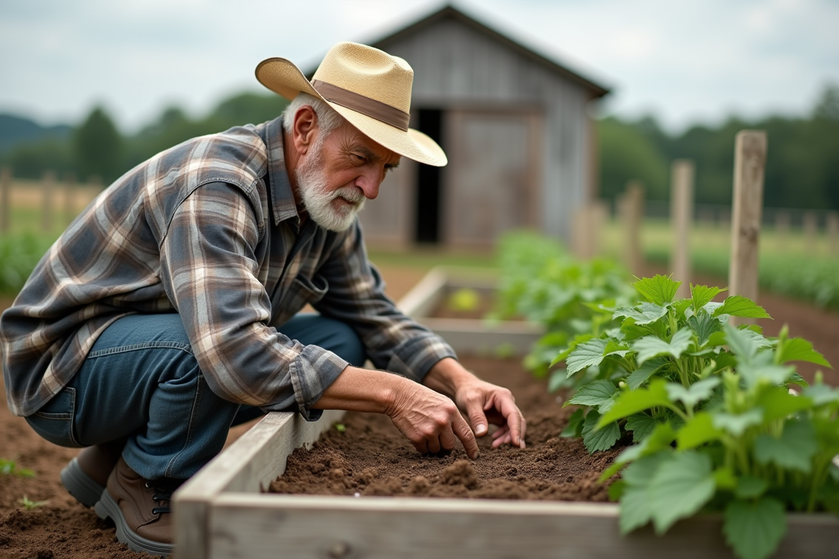 Homme âgé plantant des graines de haricots dans un jardin