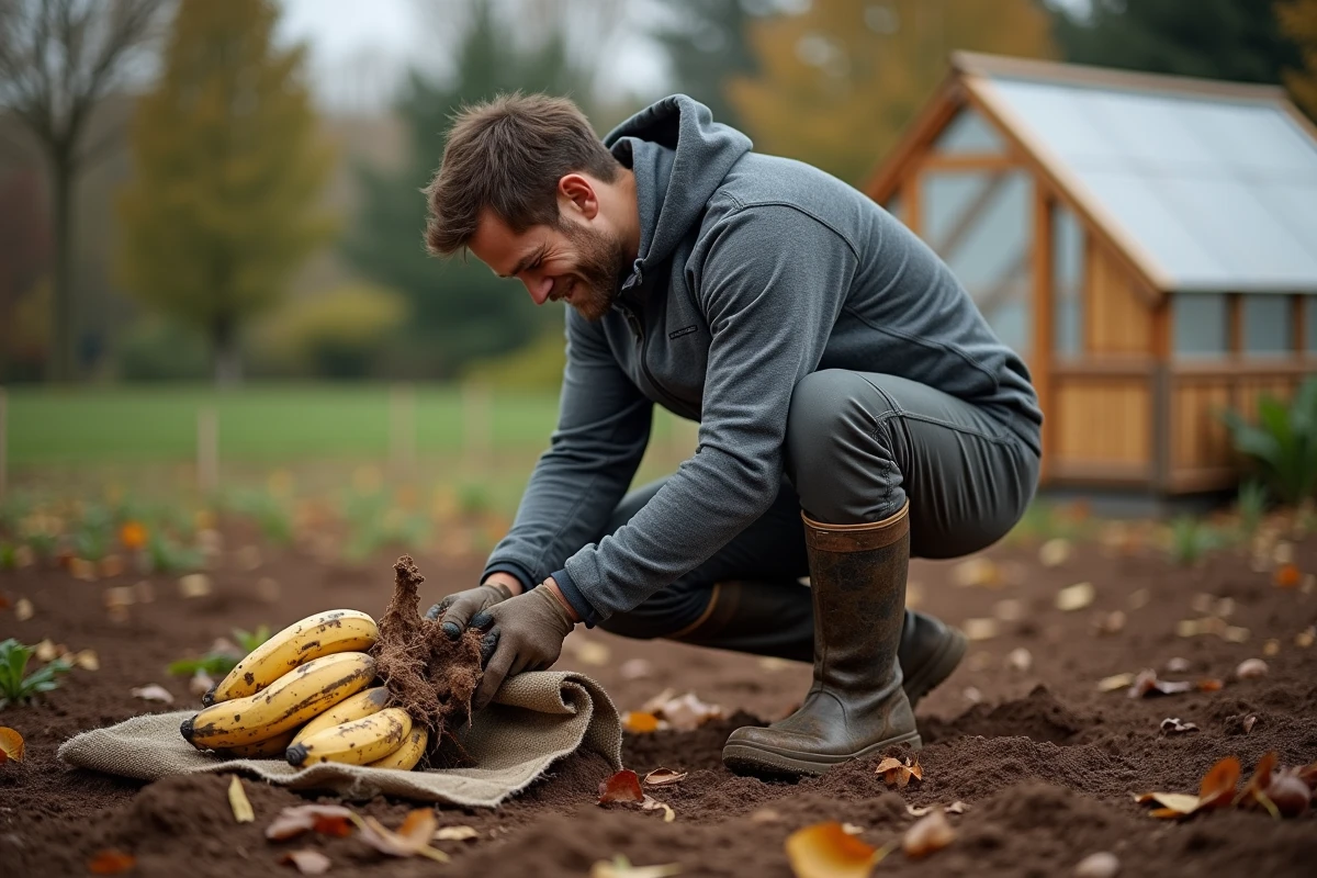 Homme préparant un trou de plantation pour un rhizome de bananier en automne dans un potager