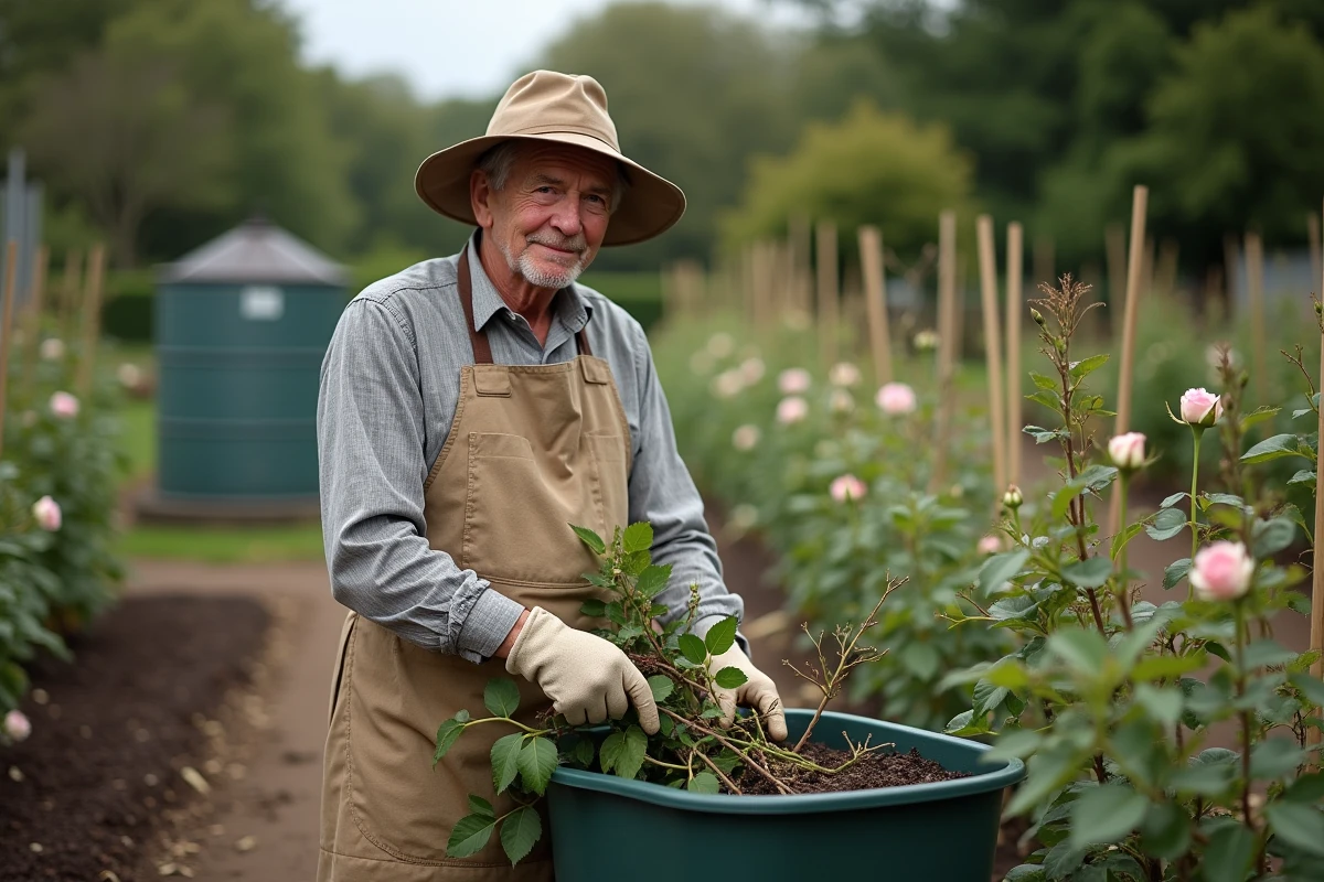 Homme âgé en gants de jardinage longs ramassant des tiges de rosier coupées avec des pinces dans un jardin potager