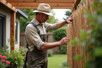Homme en tenue de bricolage pose une canisse sur une pergola