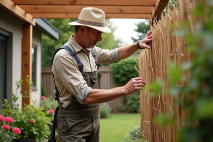 Homme en tenue de bricolage pose une canisse sur une pergola
